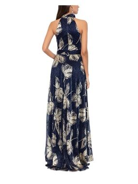 Betsy & Adam Navy and Gold Metallic Floral Halter Maxi Dress
